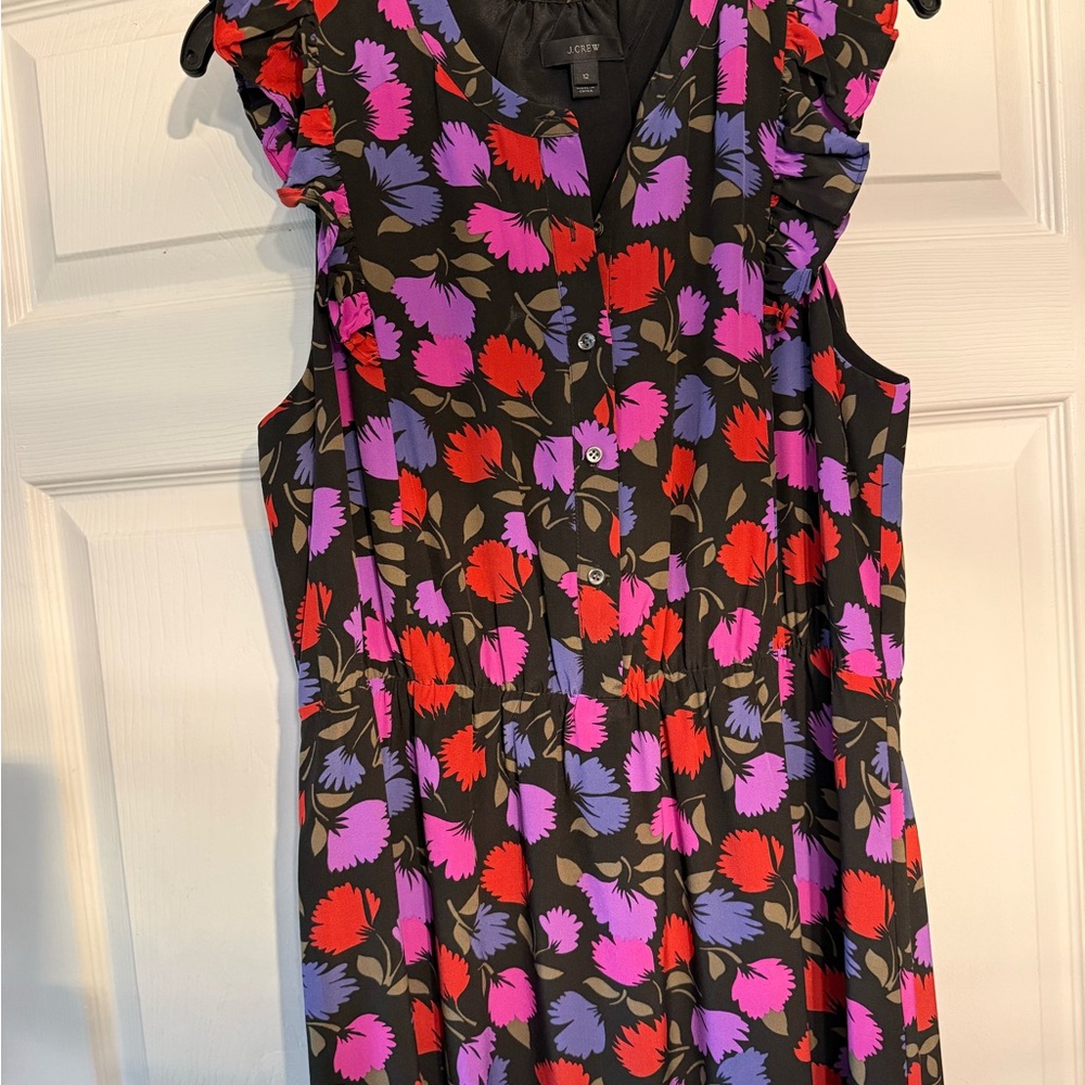 J. Crew Sz 12 Like New Black Dress with Red and Purple Floral Pattern